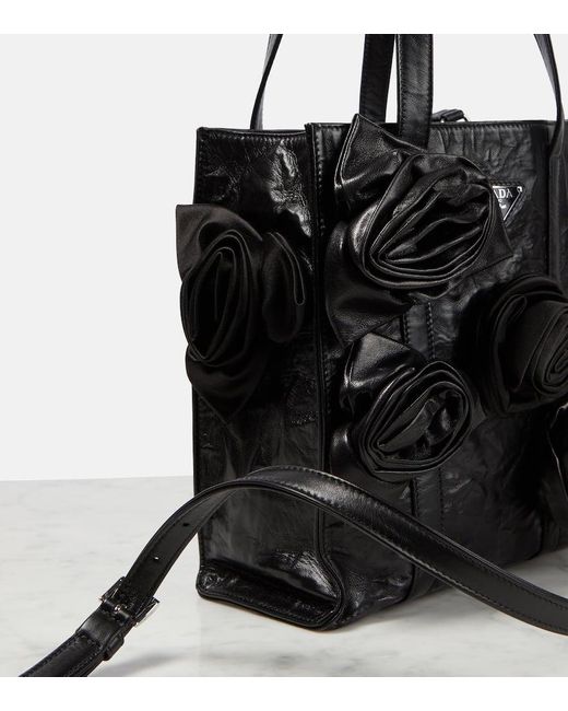Prada Black Rosette-Embellished Leather Tote Bag