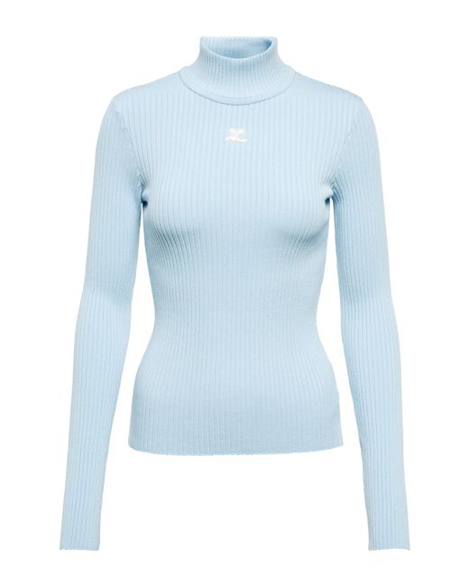 Courreges Courreges Logo Ribbed-knit Turtleneck Sweater in Blue | Lyst