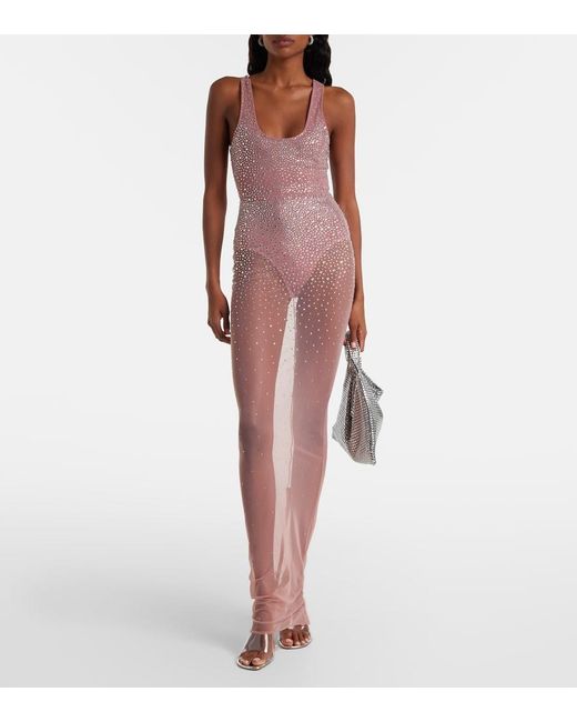 Alex Perry Pink Crystal-Embellished Mesh Maxi Dress