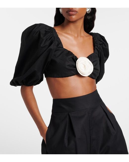 Adriana Degreas Black Floral-Applique Cotton-Blend Crop Top