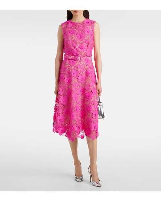Oscar de la Renta Pink Belted Guipure Lace Midi Dress
