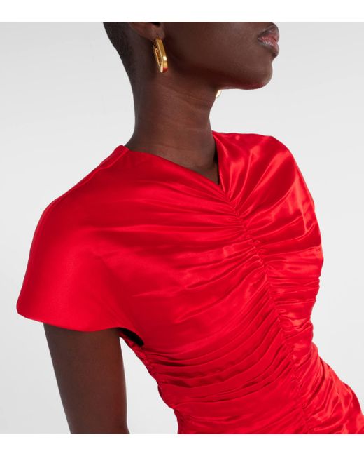 TOVE Red Aubree Ruched Silk Midi Dress