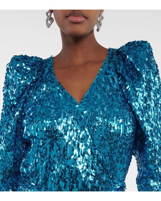 ROTATE BIRGER CHRISTENSEN Blue Puff-Sleeve Sequined Wrap Dress