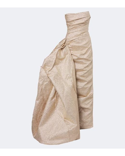 Marmar Halim Natural Draped Pleated Brocade Bustier Gown