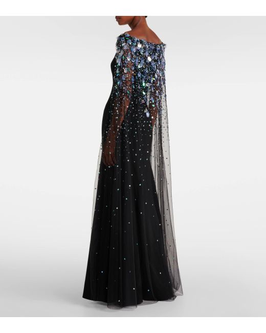 Jenny Packham Black Beaded Caped Crepe Gown