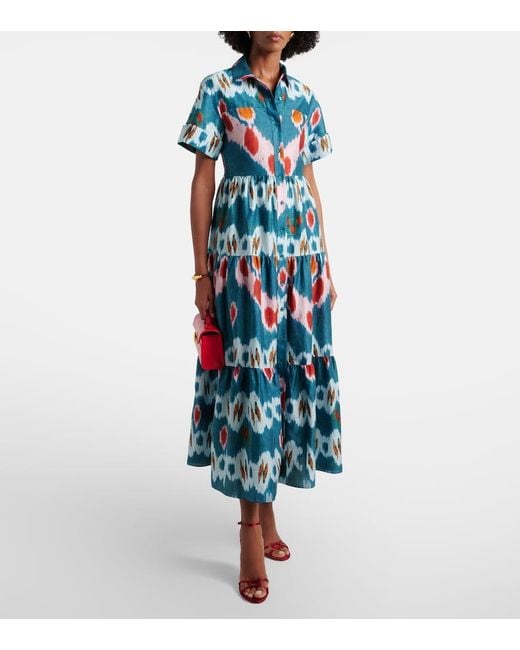 Erdem Blue Printed Tiered Cotton Shirt Dress