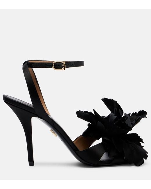 Ferragamo Black Ghilly 95 Floral-Applique Satin Sandals