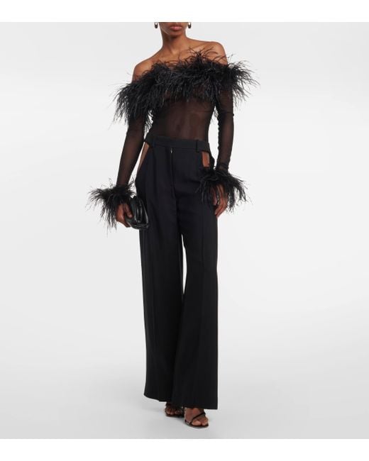Oseree Black Feather-trimmed Mesh Bodysuit