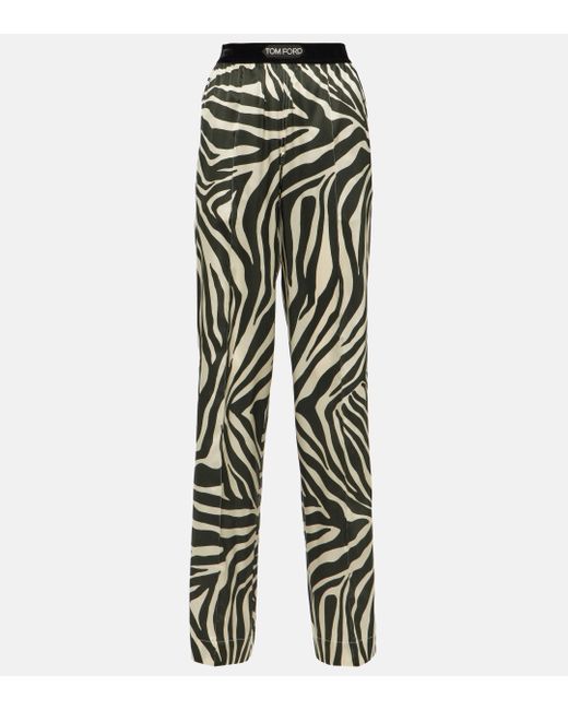 Tom Ford Green Printed Silk-blend Wide-leg Pants