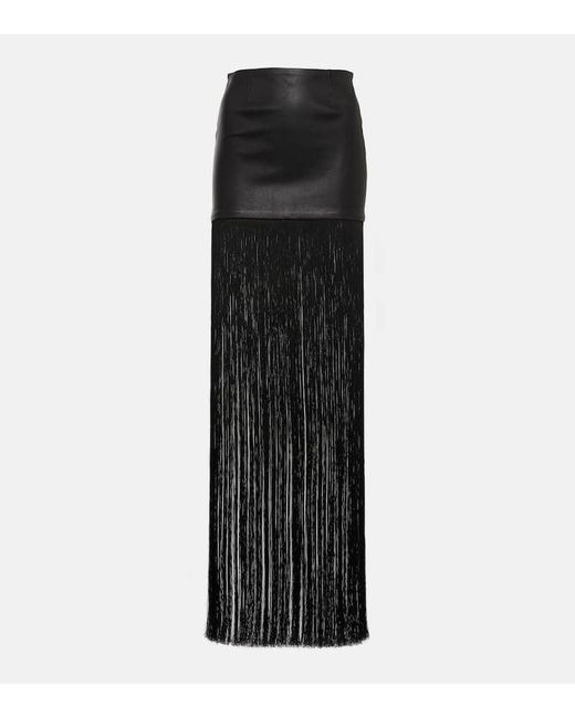 Falda larga Shanghai de piel con flecos Stouls de color Black