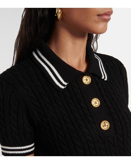 Alessandra Rich Black Cable-Knit Cropped Cotton Polo Shirt