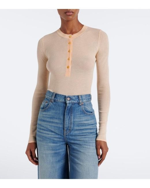 Chloé Natural Ribbed-Knit Silk-Trimmed Wool Henley Shirt