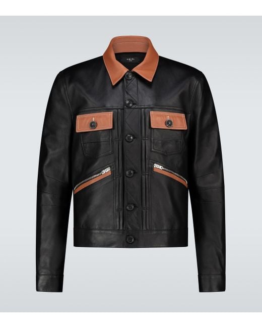 Amiri Black Contrasted Leather Trucker Jacket for men