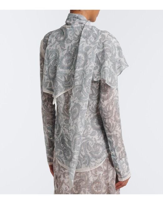 Acne Blue Caped Paisley Silk Crepe Blouse
