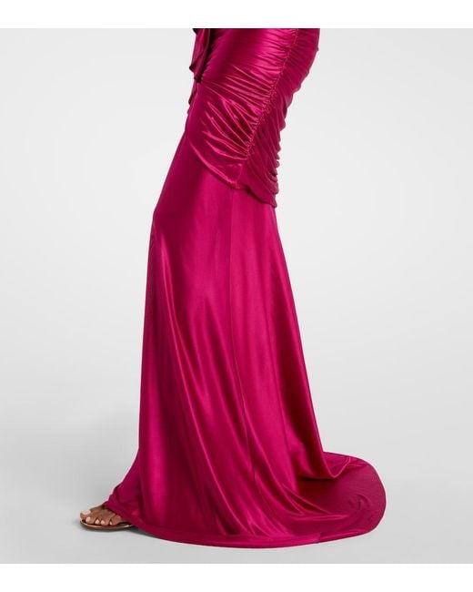 Balmain Red Draped Ruffled Satin Bustier Gown