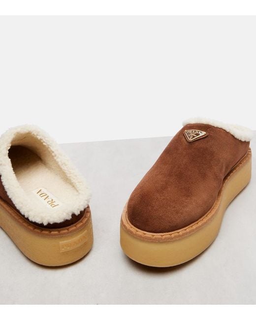 Prada Brown Evolve Shearling-Trimmed Suede Platform Mules