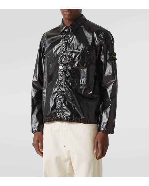 Stone Island Black Compass Laminated Cotton Overshirt for men