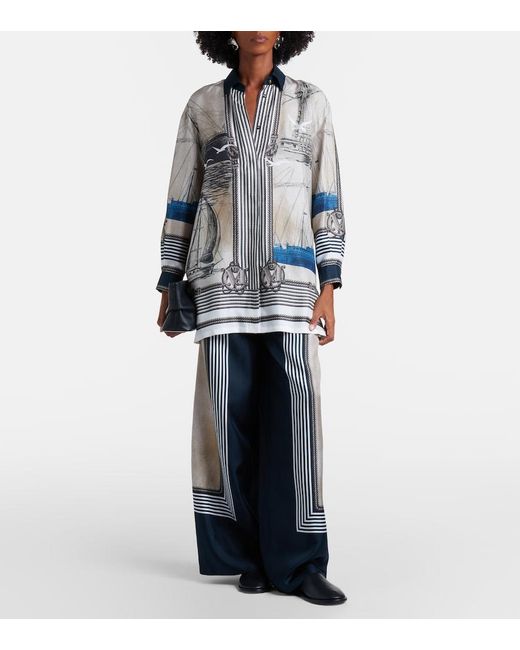Max Mara Blue Printed Silk Twill Palazzo Pants