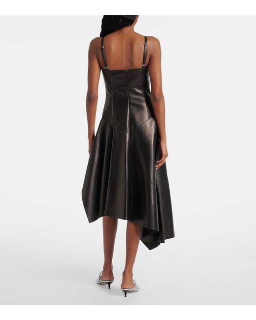 Alexander McQueen Black Asymmetric Leather Midi Dress