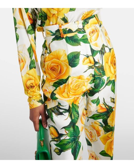 Pantalones rectos de mezcla de seda floral de tiro alto Dolce & Gabbana de color Yellow