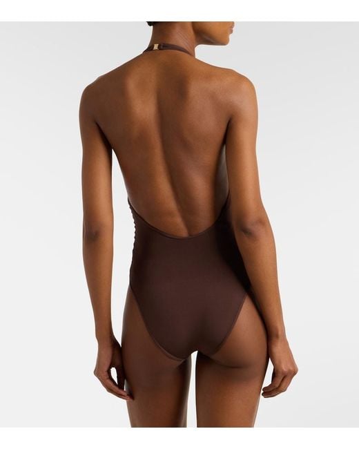 Zimmermann Brown Luna Halterneck Open-Back Bodysuit