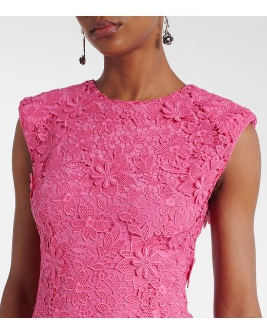 Monique Lhuillier Pink Hibiscus Floral Lace Midi Dress