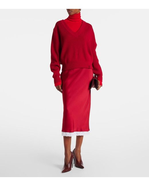 Victoria Beckham Red Lace-Trimmed Satin Midi Skirt