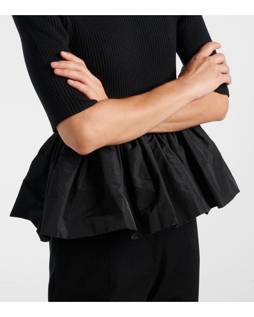 Patou Black Ribbed-Knit Peplum Wool Top