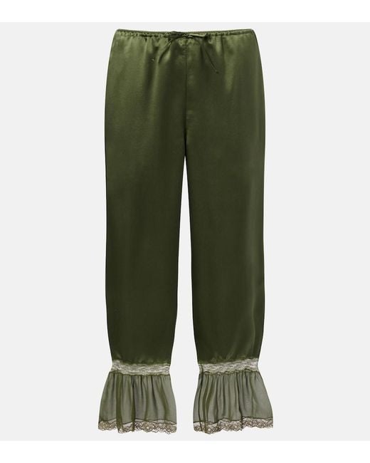 Saint Laurent Green Lace-Trimmed Silk Satin Straight Pants
