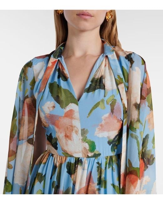 Erdem Blue Caped Floral Silk Voile Gown