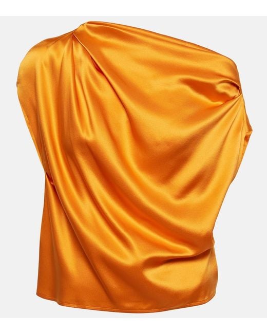 The Sei Orange Draped One-Shoulder Silk Top