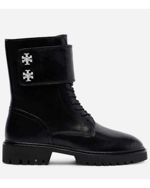 Tory Burch Black Turnlock Leather Combat Boots