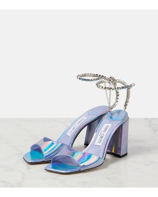 Jimmy Choo Blue Saeda 85 Embellished Metallic Leather Sandals