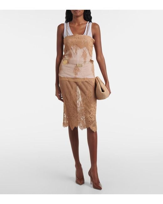 JACQUES WEI Brown Layered Leather-Trimmed Lace Midi Skirt