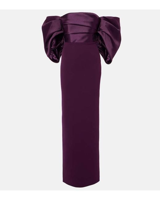 Solace London Purple Arla Off-Shoulder Twill And Crepe Gown