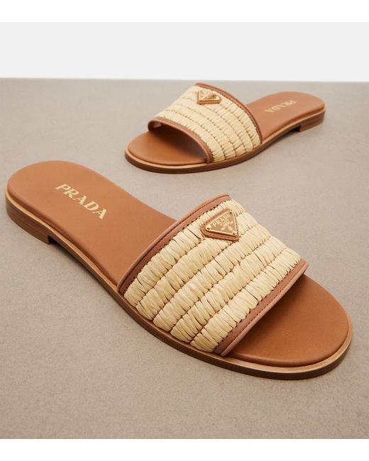 Prada Brown Leather And Raffia Slides