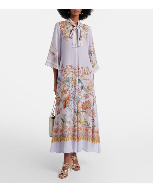 Etro Blue Scarf-Detail Floral Silk Maxi Dress