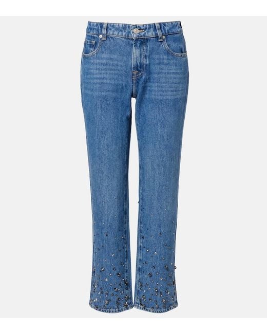 7 For All Mankind Blue Calie Embellished Cropped Straight Jeans