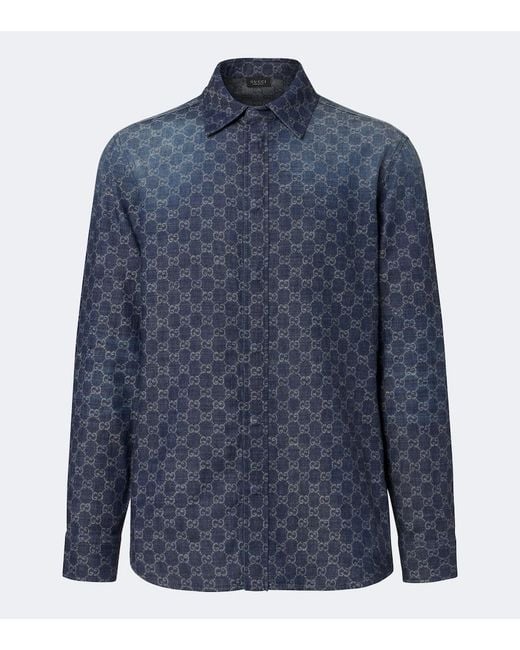 Gucci Blue Gg Cotton Chambray Jacquard Shirt for men