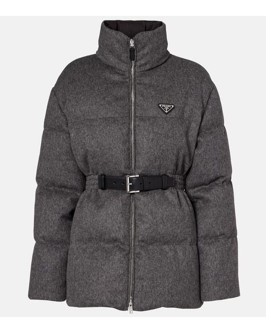 Prada Gray Belted Virgin Wool Down Jacket