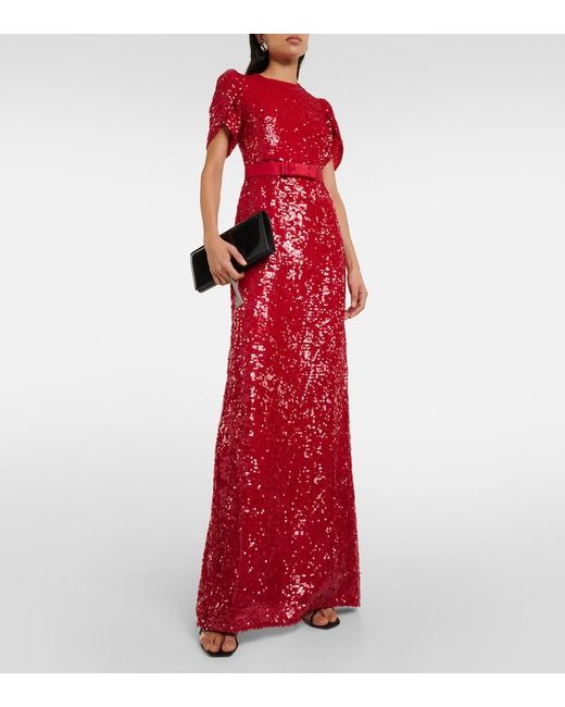 Erdem Red Sequin-embellished Puffed-shoulders Woven Maxi Dress