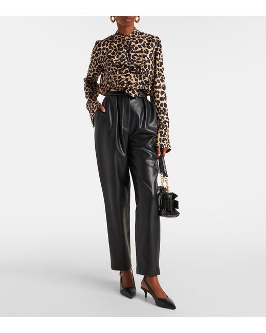 Balmain Black Leopard-Print Ruffled Silk Blouse
