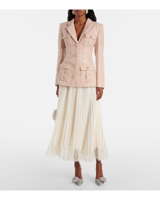 Self-Portrait Natural Sequined Boucle And Chiffon Midi Dress