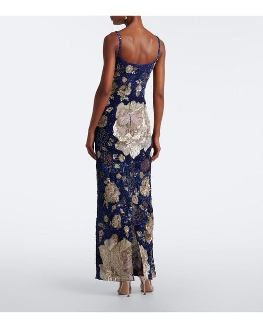 La Fuori Blue Sequined Floral Gown