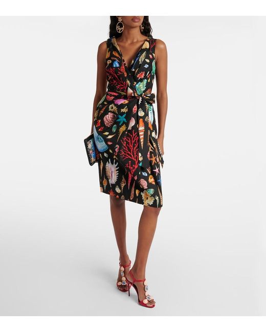 Dolce & Gabbana Black Capri Printed Tie-Detail Cotton Midi Dress