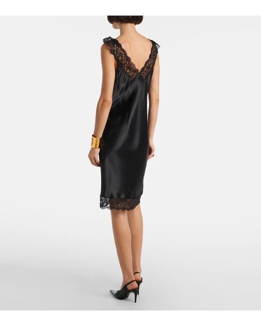 Saint Laurent Black Lace-Trimmed Silk Satin Slip Dress
