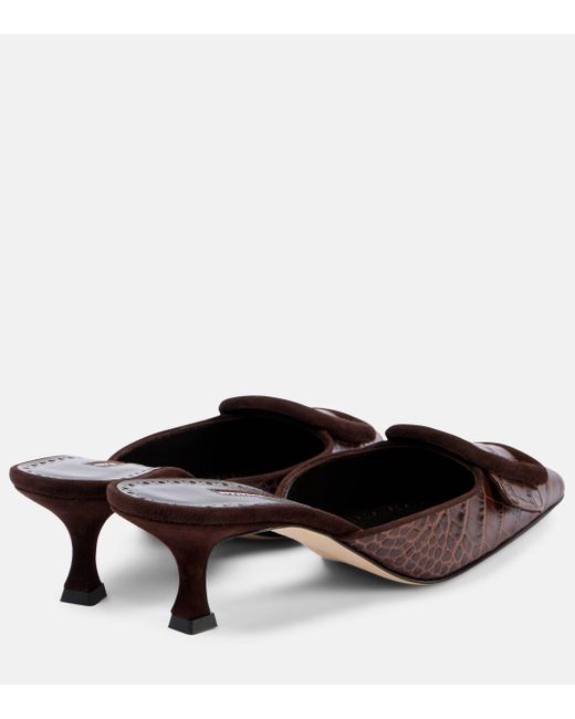 Manolo Blahnik Brown Maysalebi 50 Croc-Effect Leather Mules