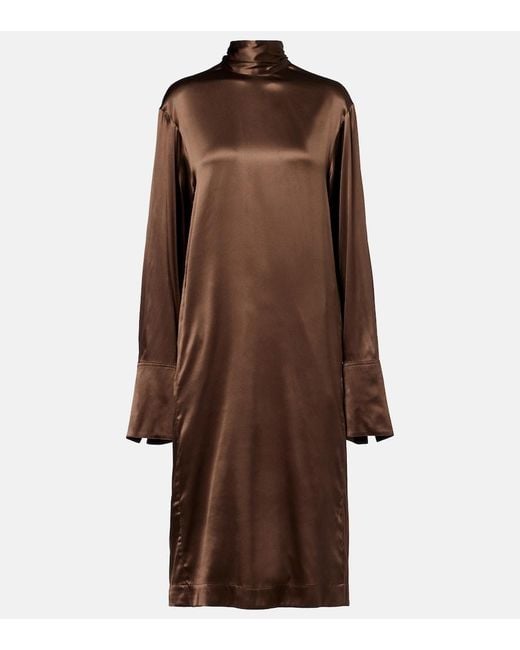 Dries Van Noten Brown Turtleneck Silk-Blend Satin Midi Dress