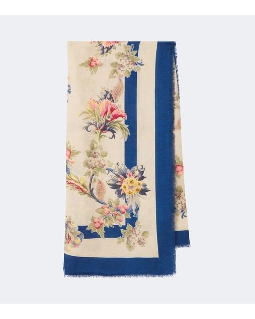 Etro Blue Floral Modal And Cashmere Scarf
