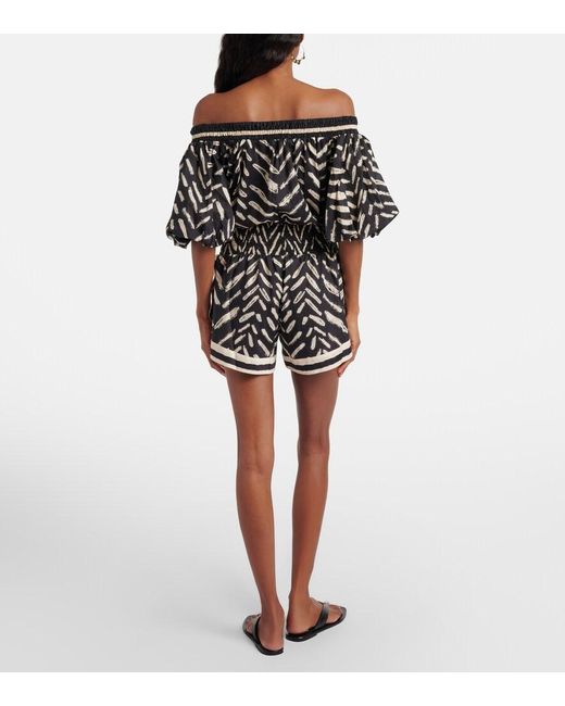 Johanna Ortiz Black Printed Off-Shoulder Cotton Romper
